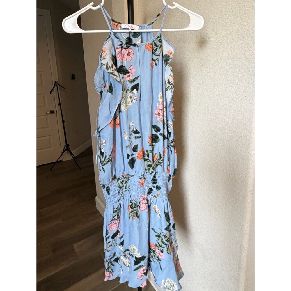 Parker 100% Silk Sleeveless Light Blue Floral Midi Sun Dress M